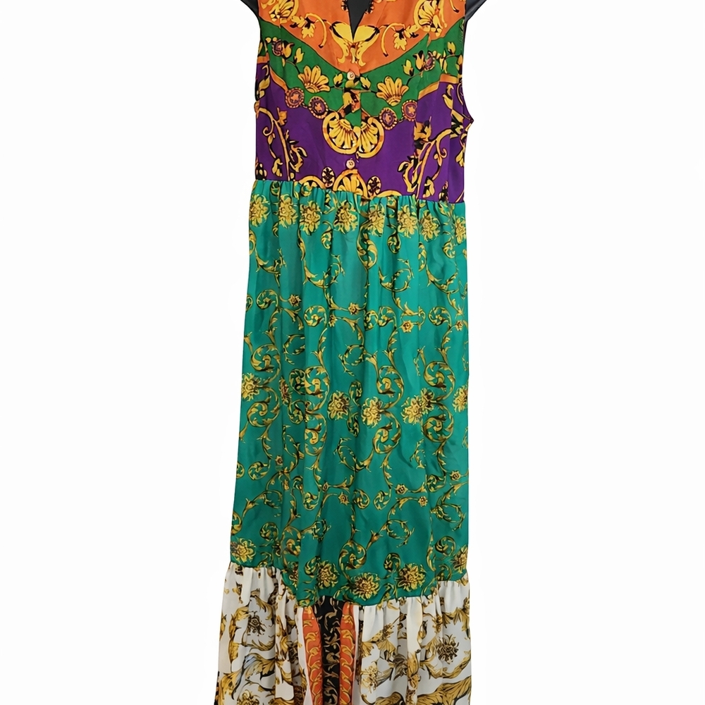Boho Patchwork Maxi Dress Women’s Size 10 Colorful Print Sleeveless Resort Vac